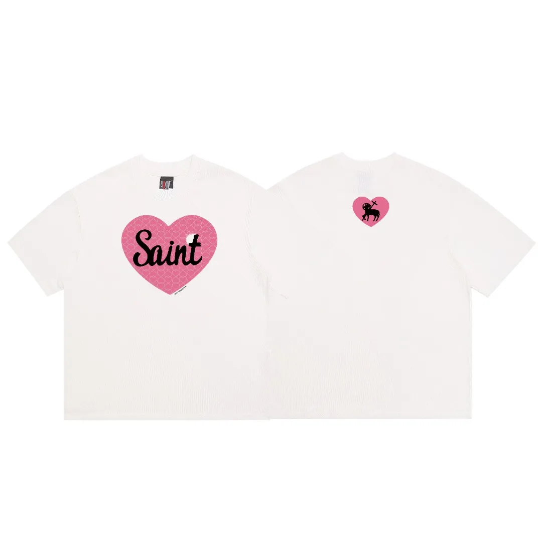 saint michael barbie pink love pattern vintage loose vintage short-sleeved T-shirt with digital white ink direct printing, the fabric is breathable and the pattern is three-dimensional and clear. Fabric: Double yarn 240g Style number: S998 Size: S-M-L-XL Color: White Price: P110